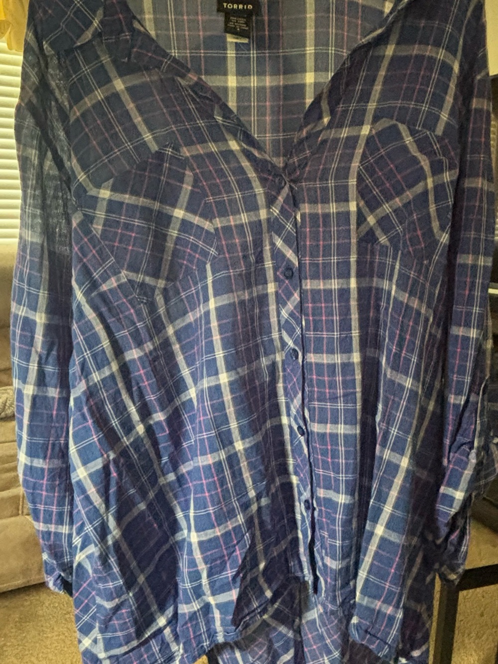 torrid navy, white and pink plaid button-front blouse